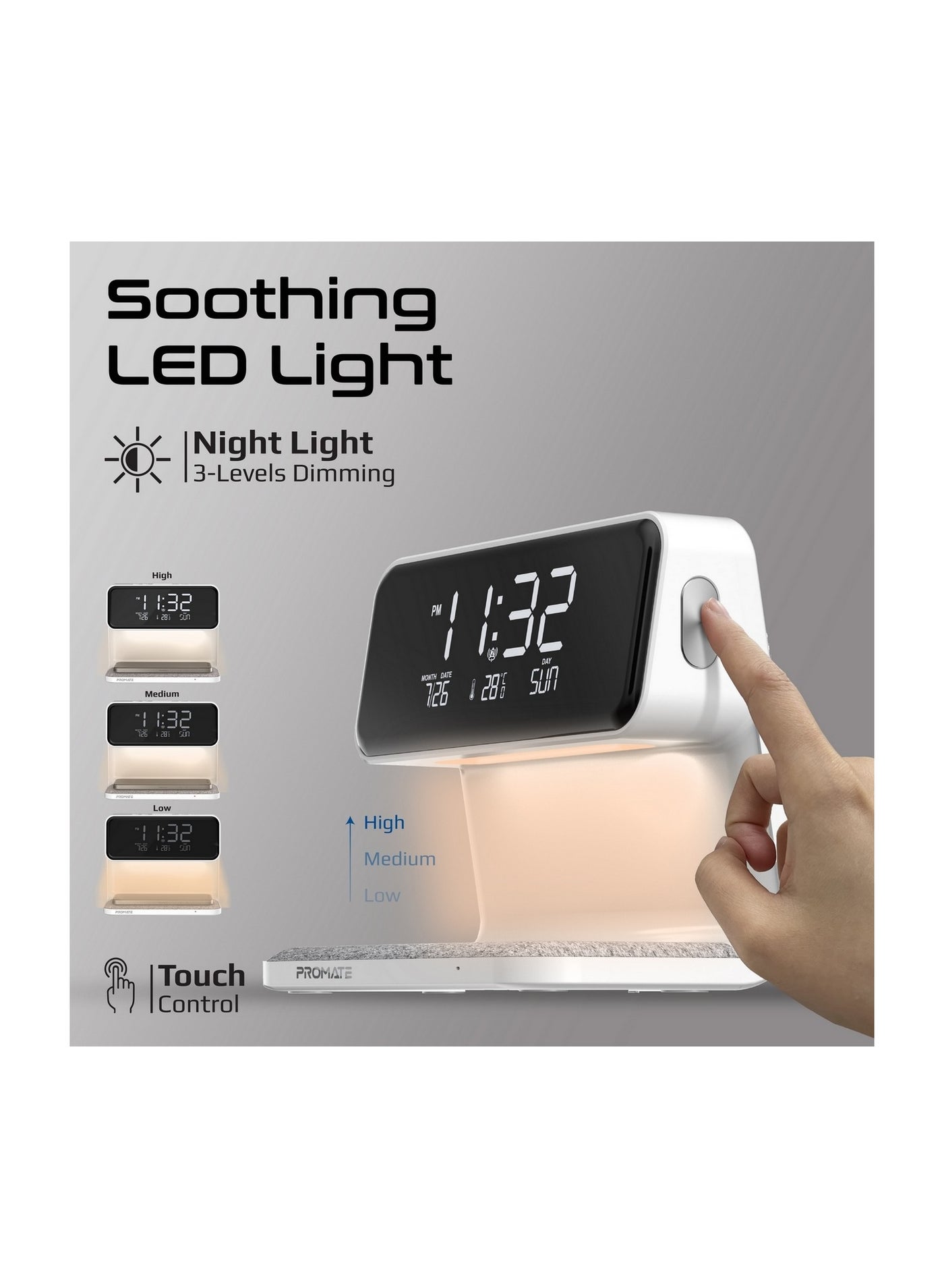 Promate Digital Alarm Clock with Wireless Charging Pad , White - LUMIX-15W.WHITE