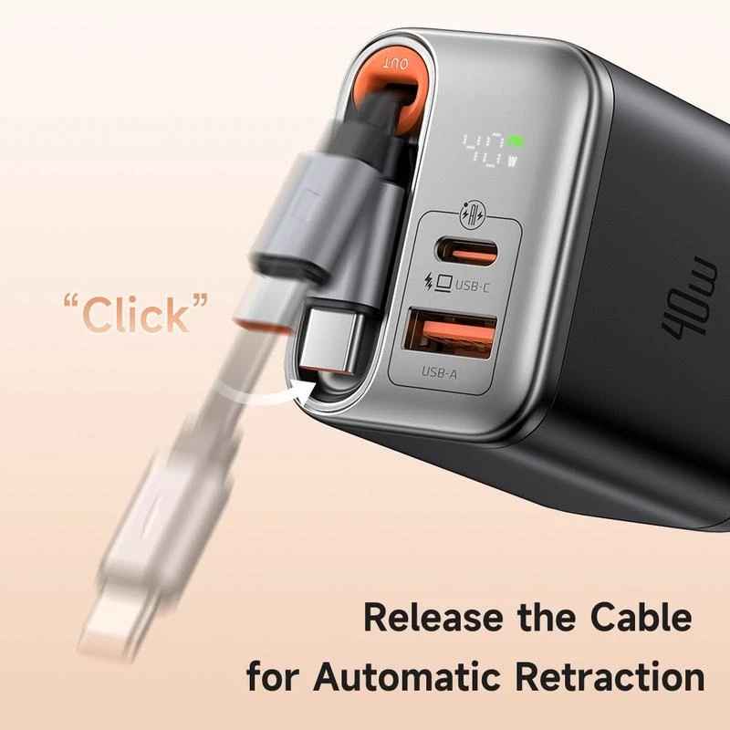 Mcdodo Wall Charger with Retractable USB-C Cable , 2 Ports Dual Ports Type C and A , 40 Watt Black - CH-4281