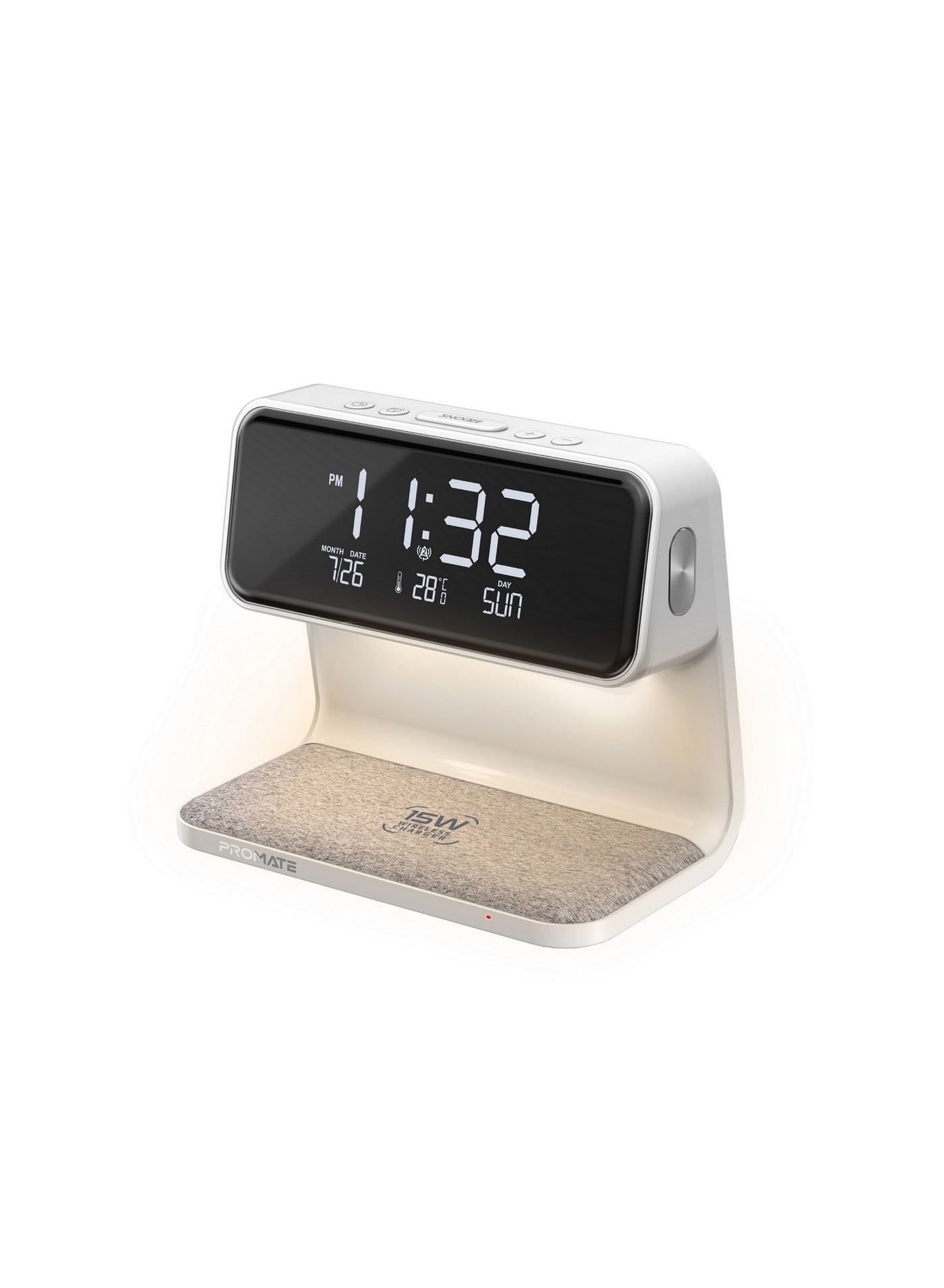 Promate Digital Alarm Clock with Wireless Charging Pad , White - LUMIX-15W.WHITE