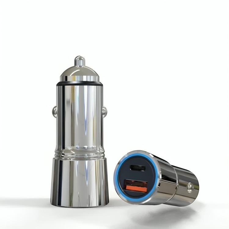 Nine Super Dual Port 56 Car Charger , 2 Ports , Dual Ports Type C and A , 52 Watt , 12 Volt , Silver