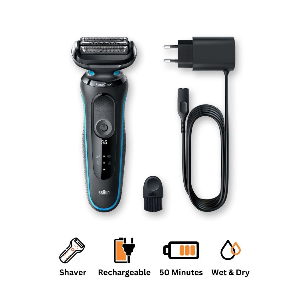 ماكينة حلاقة كهرباء براون Series 5 EasyClean ، استخدام جاف ورطب ، ازرق واسود - 50-M1000s