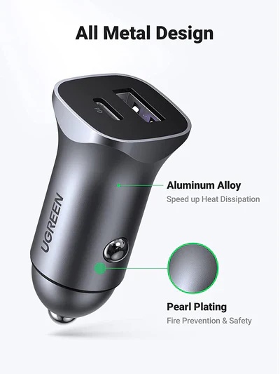 شاحن سيارة يوجرين ، عدد 2 منفذ USB ، قدرة 30 وات ، رمادي - CD130