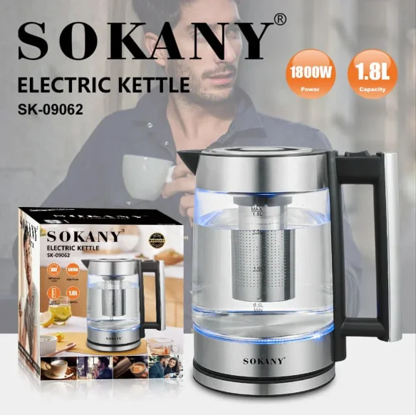 كاتيل كهرباء أكريليك، زجاج وستانلس ستيل سوكاني ، سعة 1.8 لتر ، 1800 وات ، شفاف وفضي - SK-09062