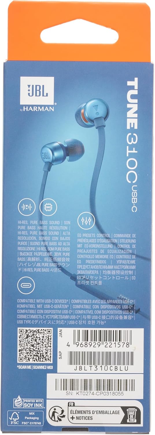 Jbl Tune 310C Wired Earphones , EQ Presets , Blue - JBLT310C