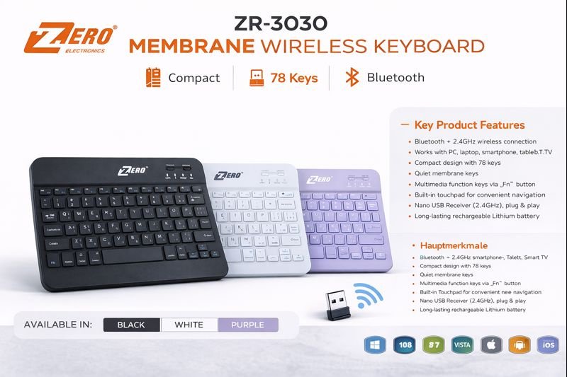 Zero Wireless Keyboard , Black - ZR-3030