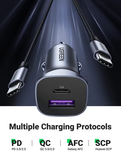 شاحن سيارة يوجرين ، عدد 2 منفذ USB ، قدرة 30 وات ، رمادي - CD130