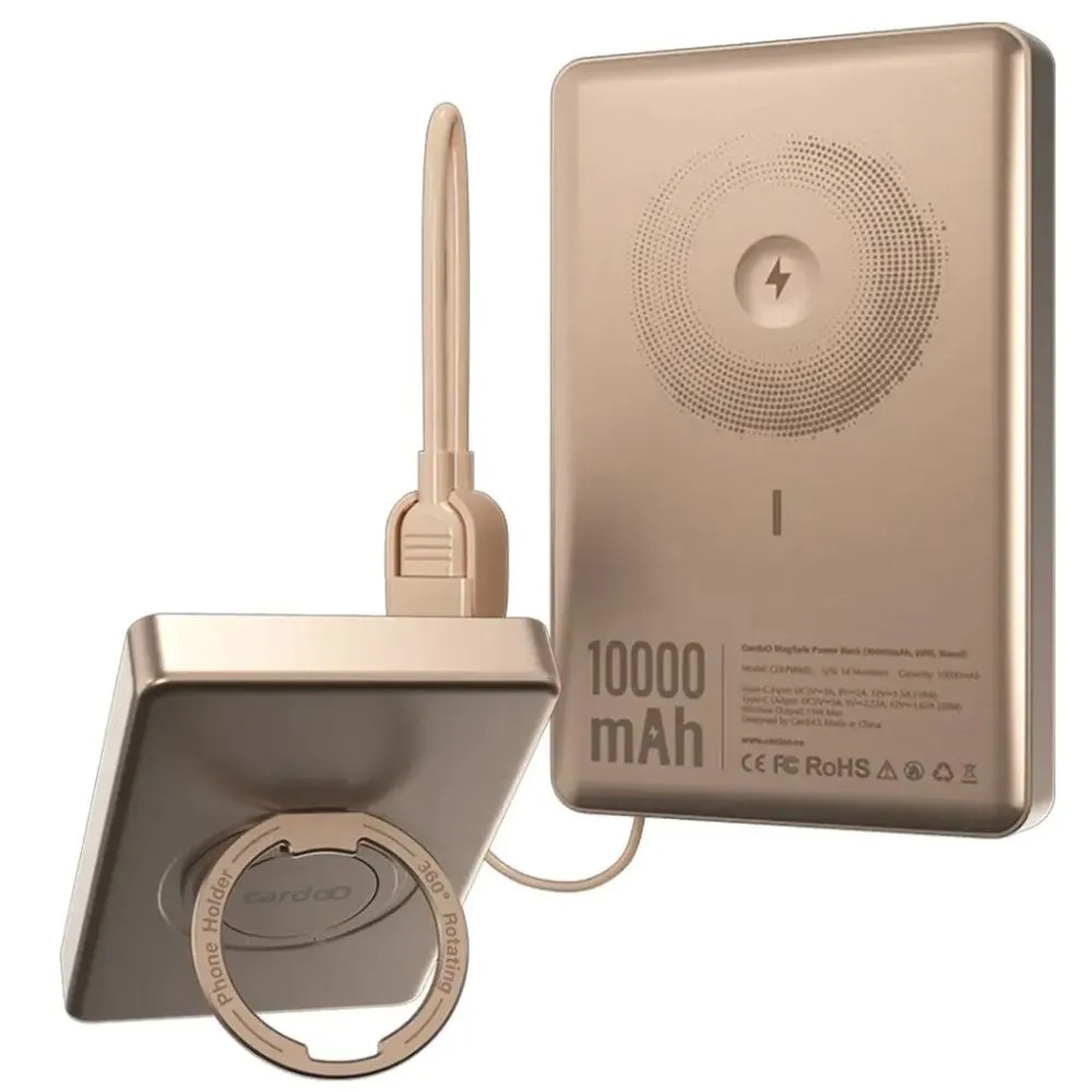 Cardoo Wired and Wireless Power Bank , 10000 mAh 2 Ports , Gold , CGLPWB02G