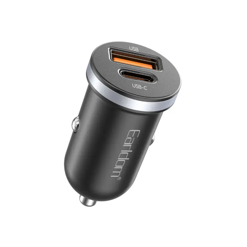 Earldom Car Charger , 2 Ports , Dual Ports Type C and A , 30 Watt , Black - CC27