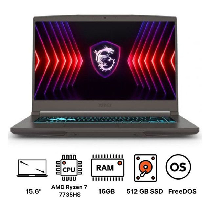 لاب توب ام اس اي ثن A15 B7VE ، معالج ايه ام دي رايزن 7 7735HS 15.6 بوصة ، هارد 512 جيجا بايت ، رام 16 جيجا بايت ، كارت شاشة انفيديا جي فورس RTX 4050 ،فري دوس - رمادي كوزموس