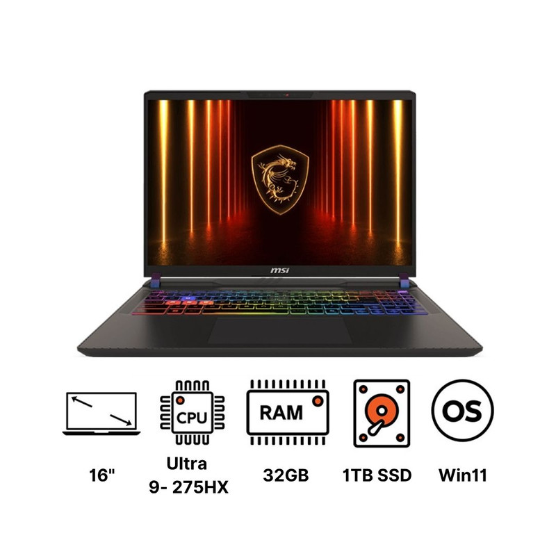 MSI Vector 16 HX AI A2XWHG - 9S7-15M352-070 Laptop ,Intel Core Ultra 9 275HX 16 Inch ,1 Terabyte ,32 GB ,NVIDIA GeForce RTX 5070 TI ,Windows 11 - Cosmos Grey