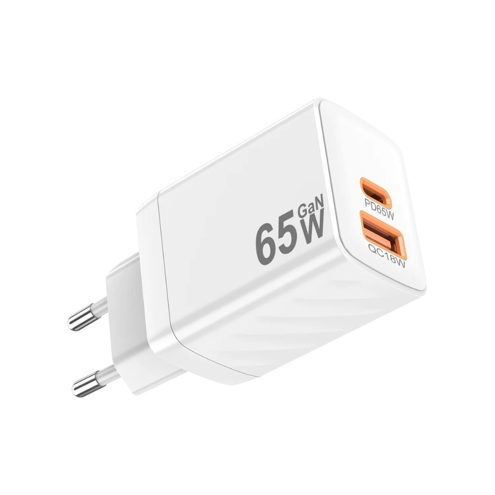 Nine Nexus Power Wall Charger , 2 Ports Dual Ports Type C and A , 65 Watt 100 Volt White