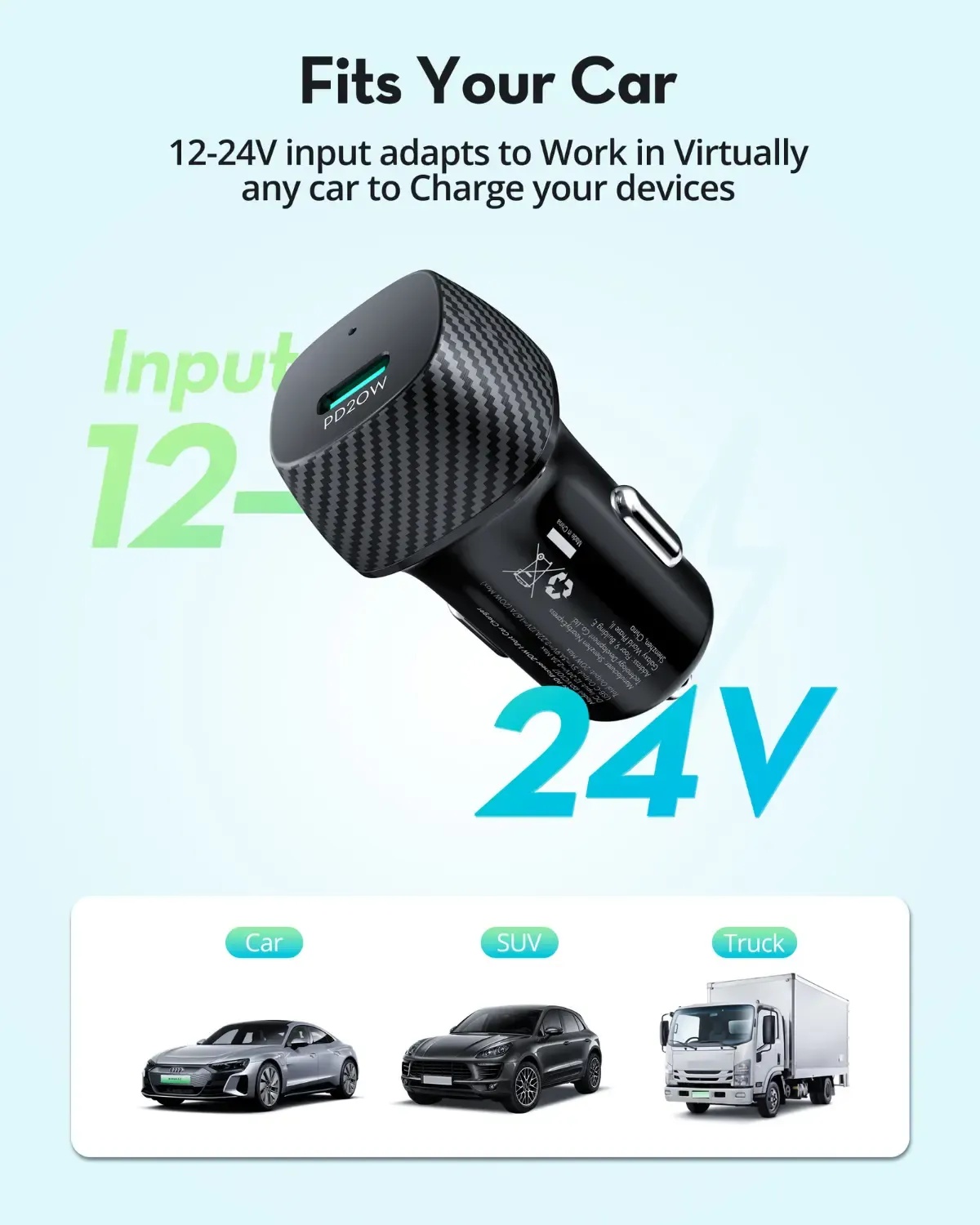 Ravpower Car Charger , 1 Ports , Type C , 20 Watt , 24 Volt , Black - RP-VC1017
