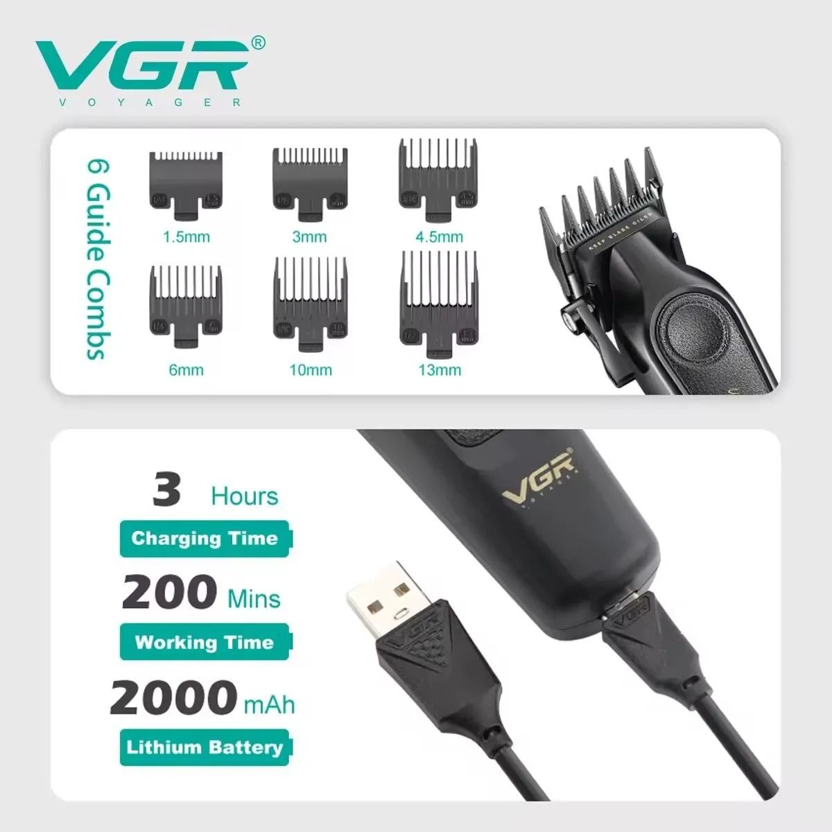 VGR Professional Rechargeable Hair Clipper with Attachments Dry , Black - V-197