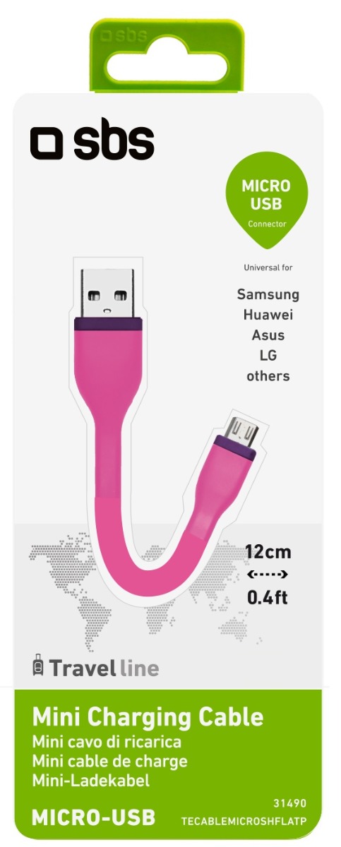 Sbs micro USB Mini Charging Cable 12 Centimeter Pink - TECABLEMICROSHFLATP