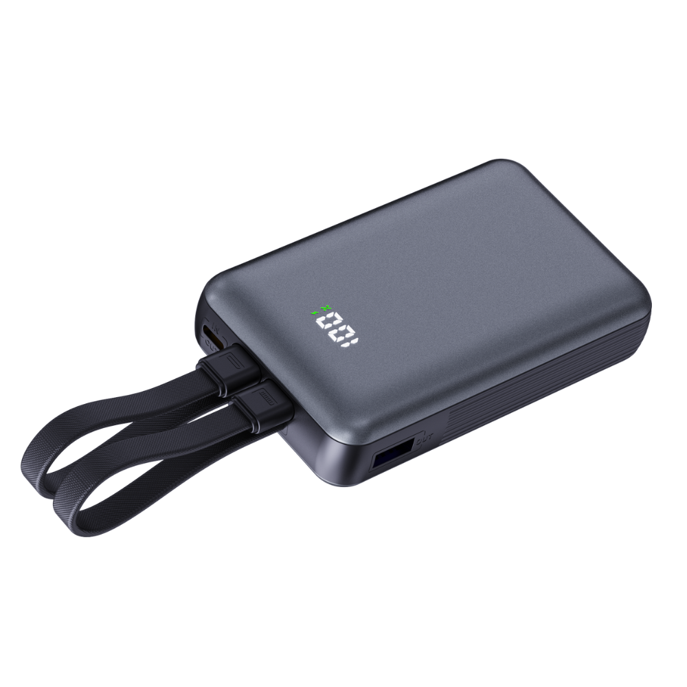 Nine DUO Power Wired Power Bank with Built-in Cables , 10000 mAh 2 Ports , Black