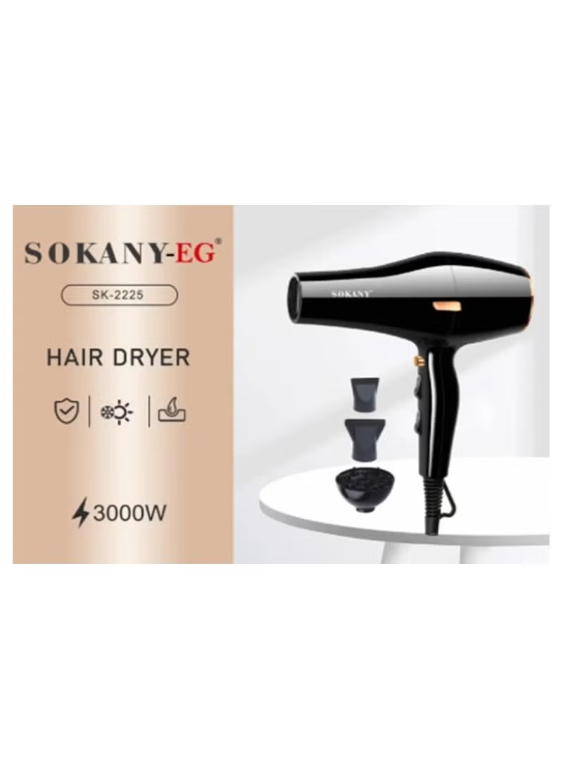 Sokany Hair Dryer 3000 Watt , Black - SK-2225