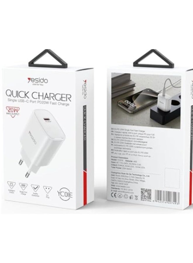 Yesido Wall Charger , 1 Ports Type C , 20 Watt White - YC01E