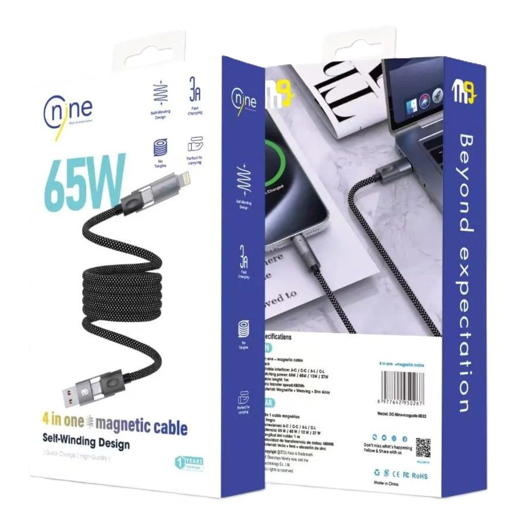 Nine Multi Ports 4 in 1 Charging Cable 1 Centimeter Black