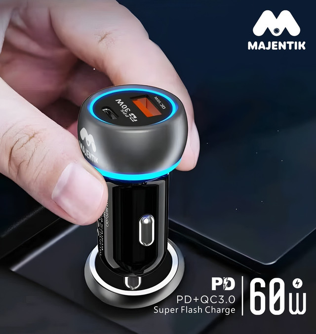 Majentik Car Charger , Type C , 60 Watt , Black