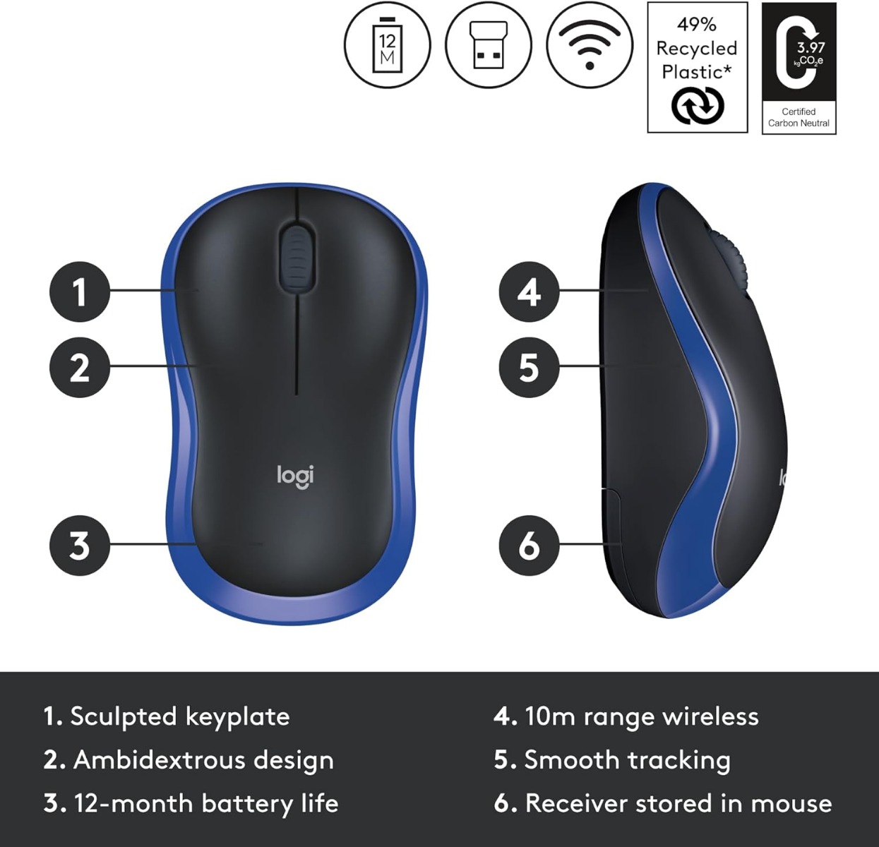 Logitech M185 Wireless Mouse , Black Blue - 910-002236