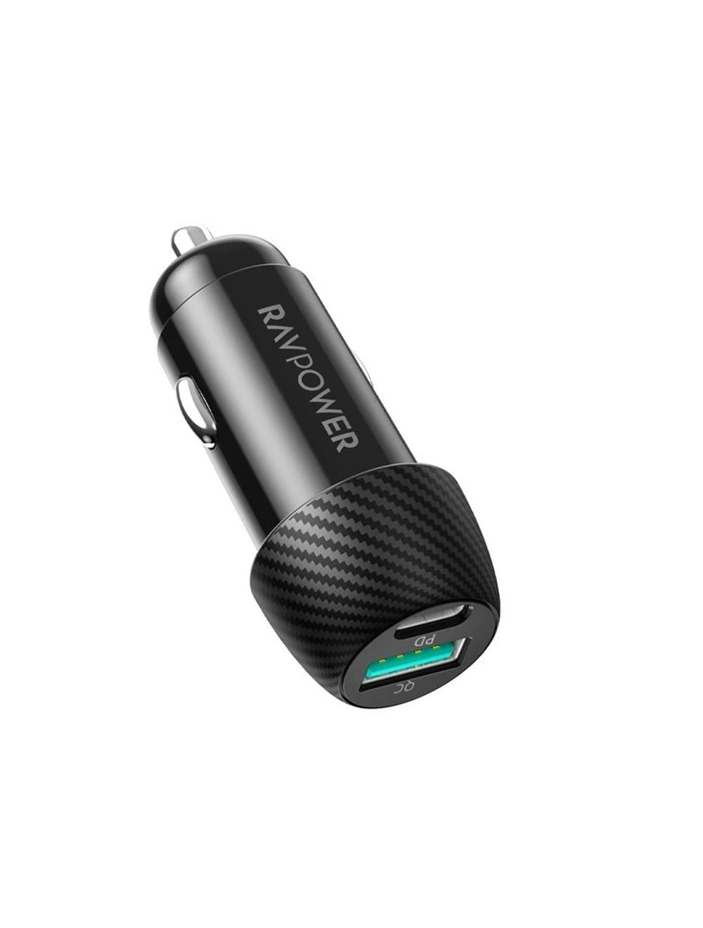 Ravpower Car Charger with Lightning and Type-C Cable , 2 Ports , Dual Ports Type C and A , 49 Watt , Black - RP-VC031