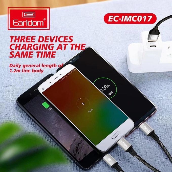 Earldom Triple Port 3 in 1 Multi Charging Cable 1.2 Meter Black - EC-IMC017