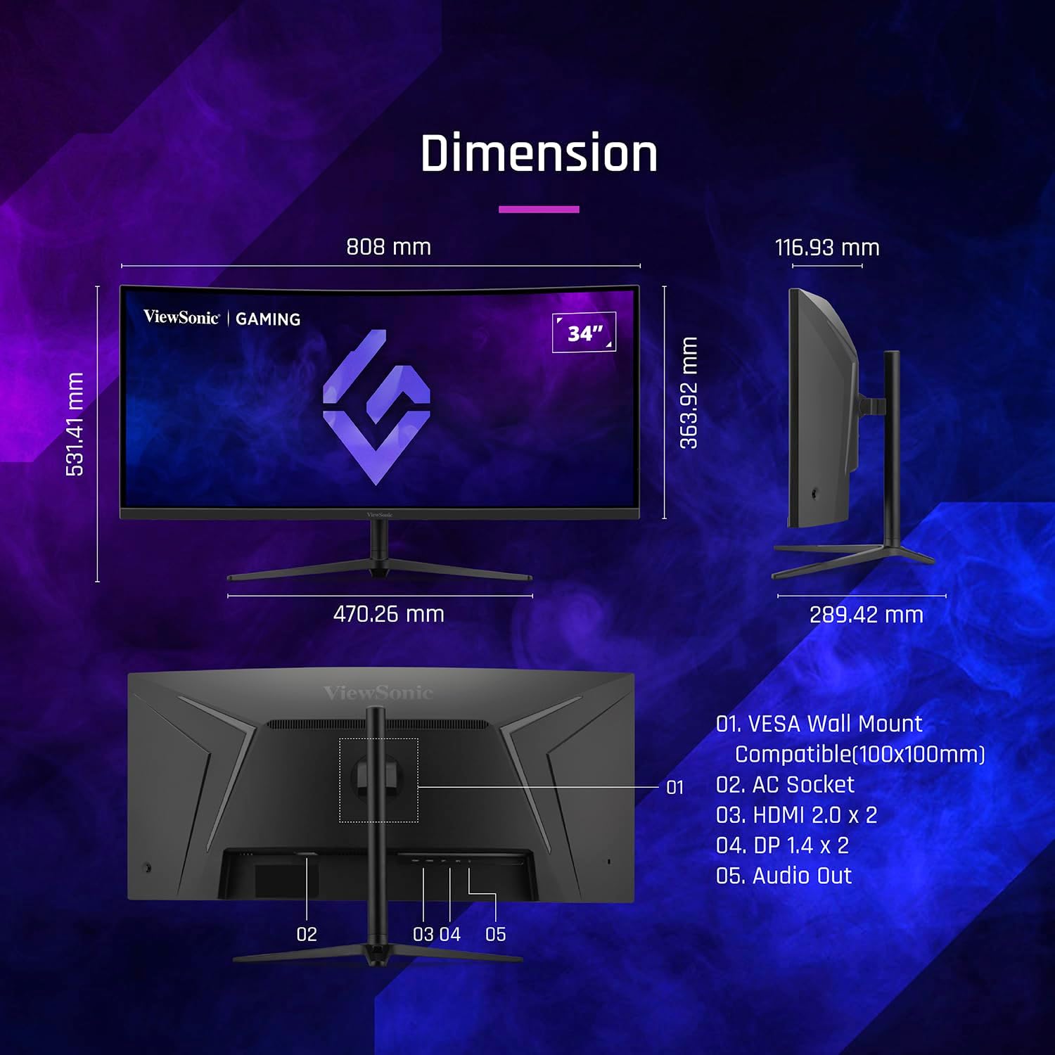 Viewsonic 34 Inch UWQHD Curved Gaming Monitor , 180 Hertz 1 Millisecond , Black - VX3418C-2K