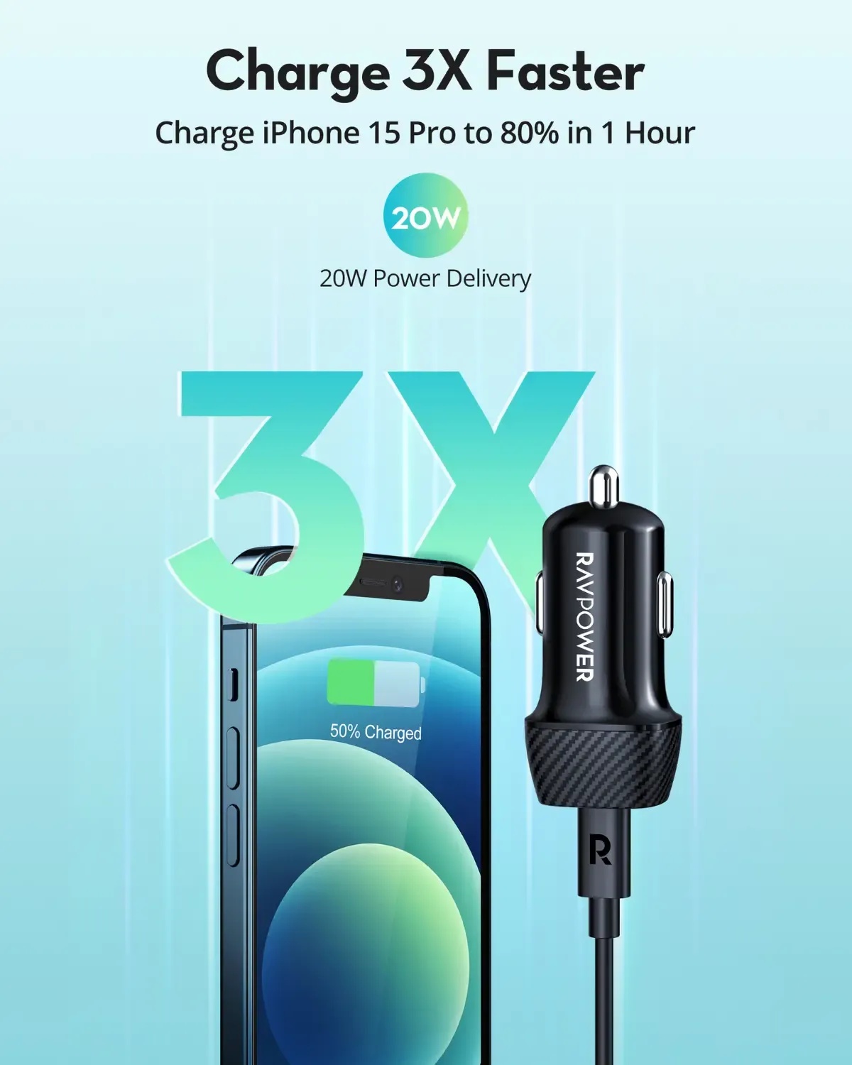 Ravpower Car Charger , 1 Ports , Type C , 20 Watt , 24 Volt , Black - RP-VC1017