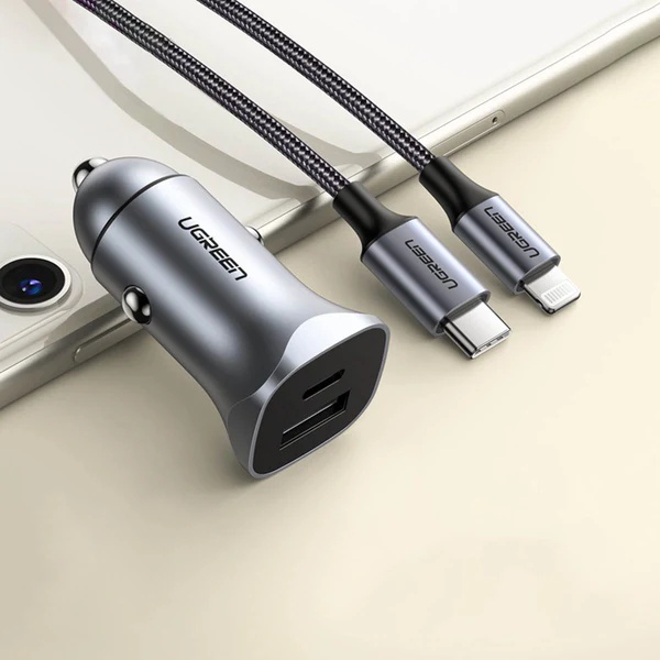 شاحن سيارة يوجرين ، عدد 2 منفذ USB ، قدرة 30 وات ، رمادي - CD130