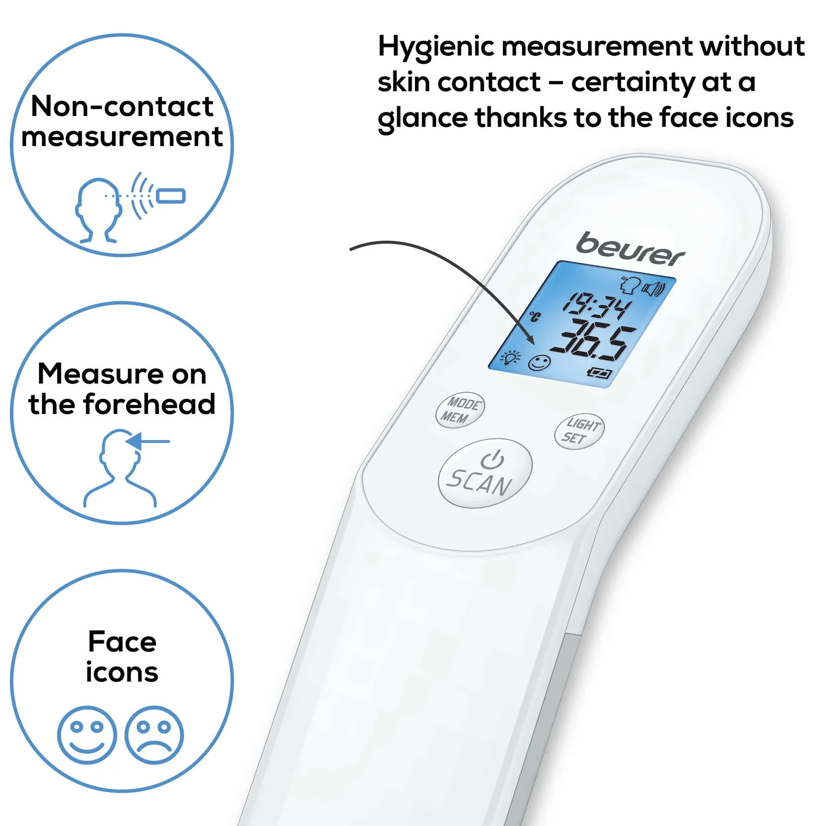 Beurer Non-Contact Infrared Thermometer , White Grey - FT 85