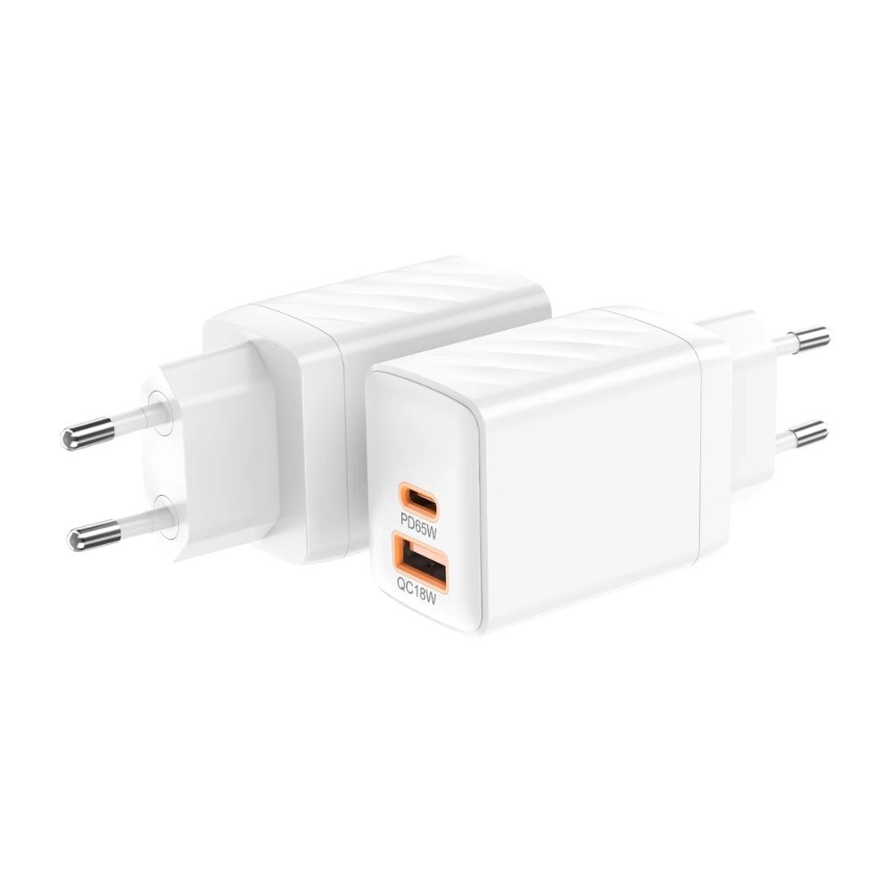 Nine Nexus Power Wall Charger , 2 Ports Dual Ports Type C and A , 65 Watt 100 Volt White