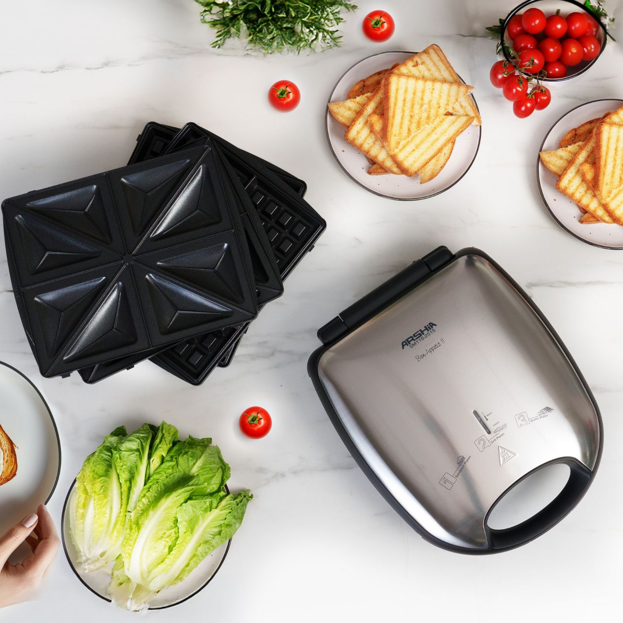 Arshia Sandwich, Grill and Waffle Maker 1200 Watt Black Silver - SM116-2515