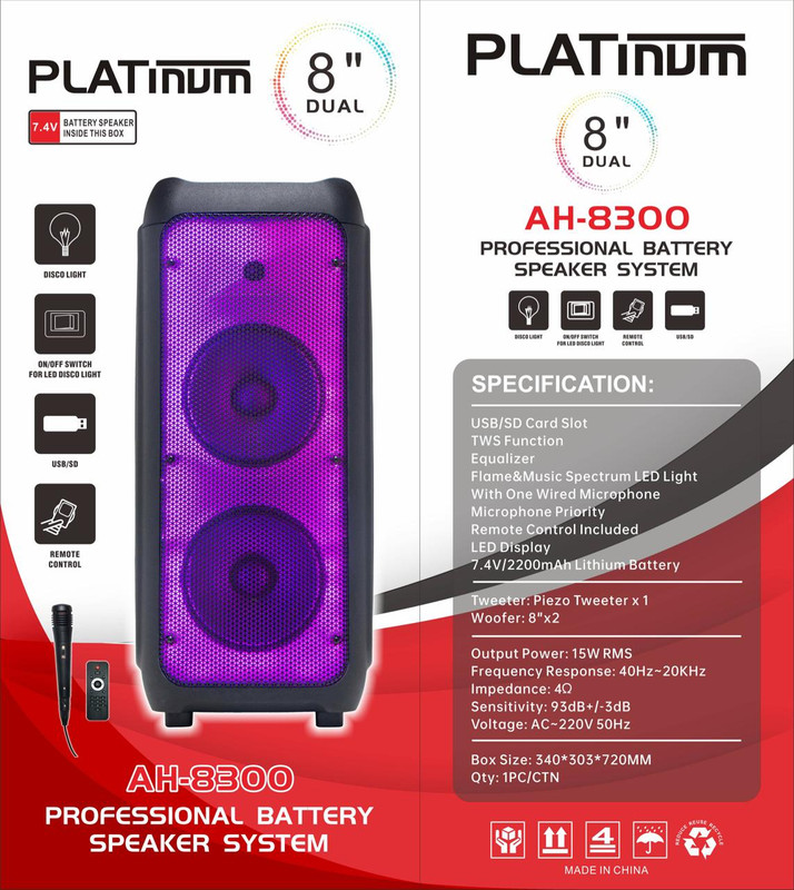 مكبر صوت بلوتوث محمول بلاتنيوم ، اسود - AH-8300