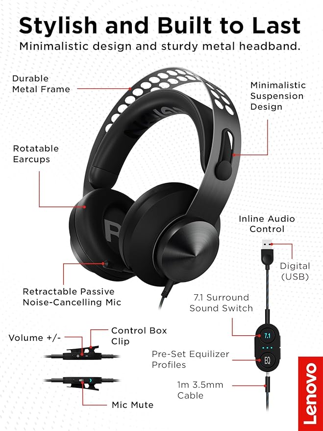 Lenovo Legion H500 Pro Wired Gaming Headset with Microphone , Black - GXD0T69864