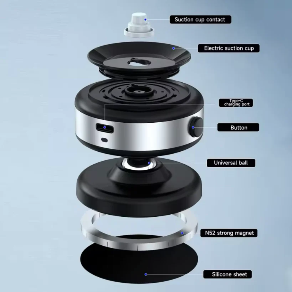 Nine Alloy Metal Vacuum Suction Phone Holder for iPhone (MagSafe) - Devices with magnetic rings , Black