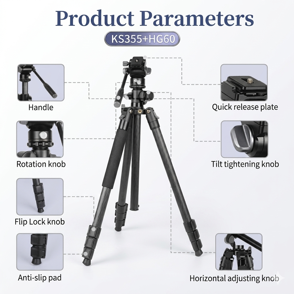 Jmary KS355+HG60 2-in-1 Tripod with Panoramic Ball Head Stand forDSLR cameras, mirrorless cameras, camcorders, and professional photo/video equipment Black