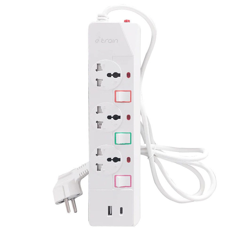 مشترك كهربائي اي ترين ، عدد 2منفذ 3 منافذ + 1 USB + 1 USB-C 2.4 امبير ،ابيض - PS074
