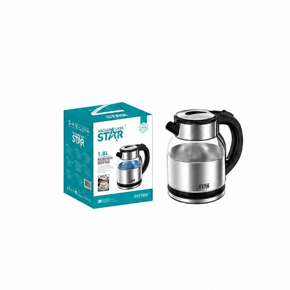 كاتيل كهرباء ستانلس ستيل +زجاج ويننج ستار ، سعة 1.8 لتر ، 1500 وات ، فضى واسود - ST-6051