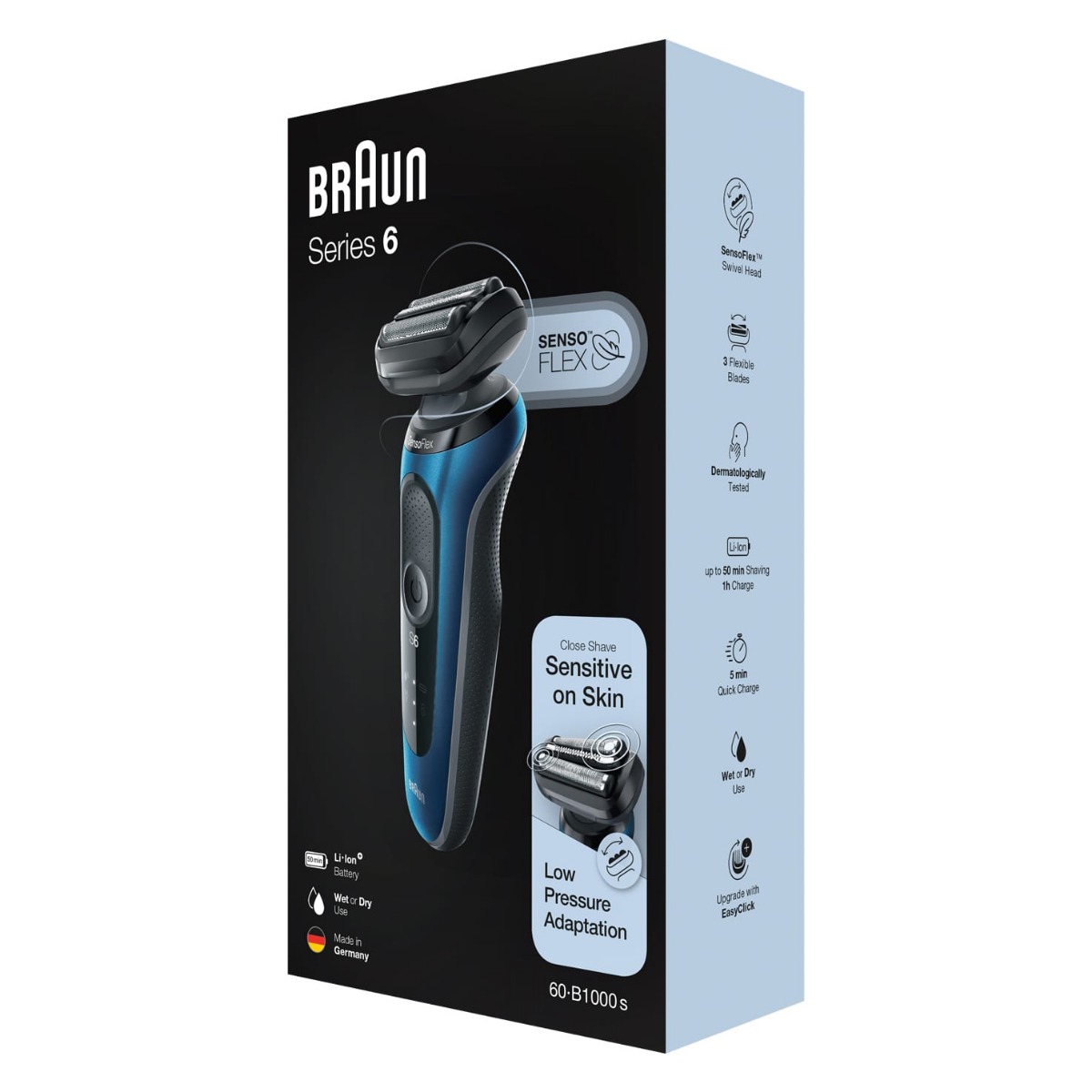 ماكينة حلاقة كهرباء براون سيريس 6 سينسو فليكس ، استخدام جاف ورطب ، ازرق واسود - 60B1000s
