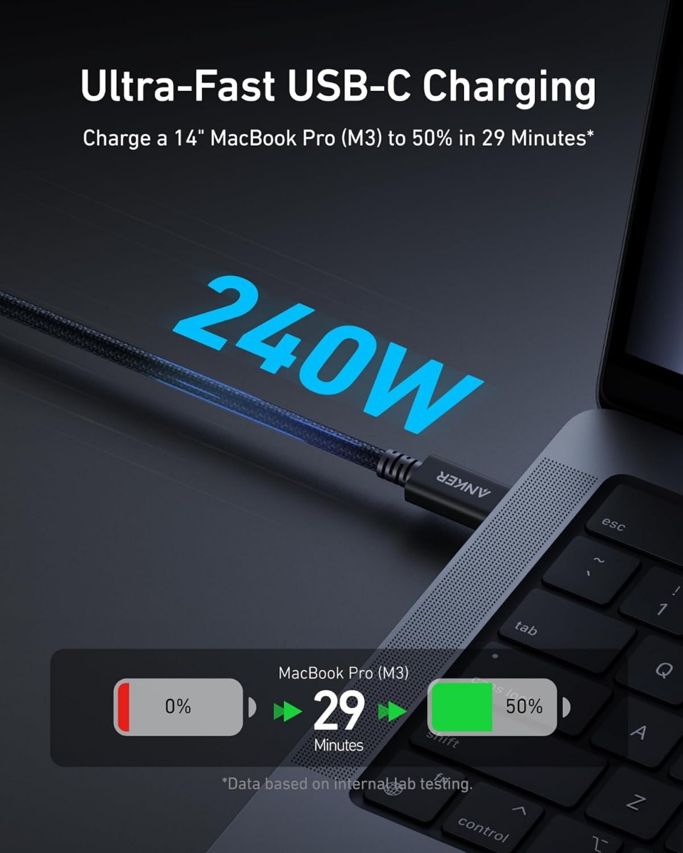 كابل موبايل Type C انكر برايم ، طول 3.3 قدم ، اسود - A84N0