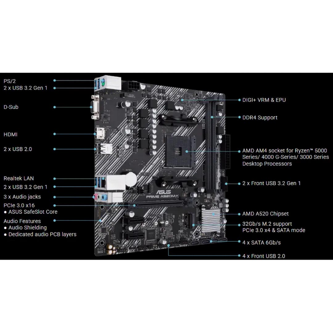 ماذر بورد اسوس برايم A520M-K ، AMD ، mATX - اسود