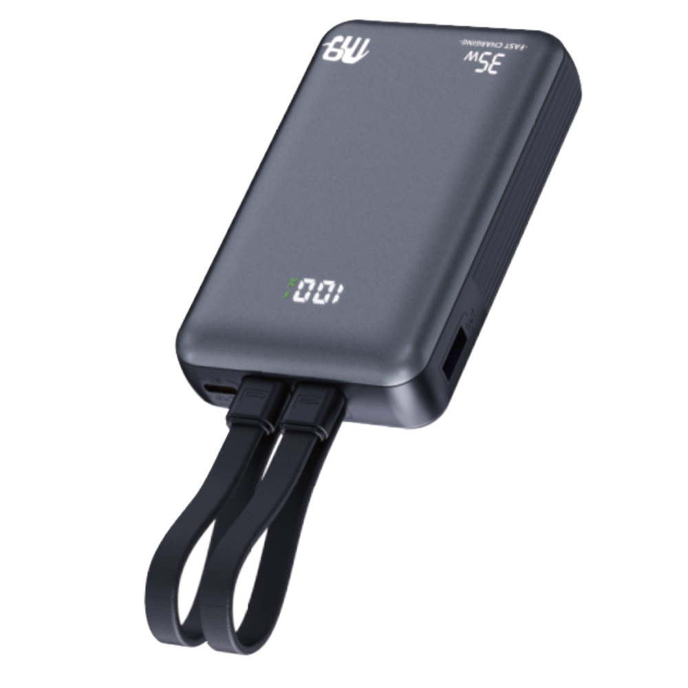 Nine DUO Power Wired Power Bank with Built-in Cables , 10000 mAh 2 Ports , Black