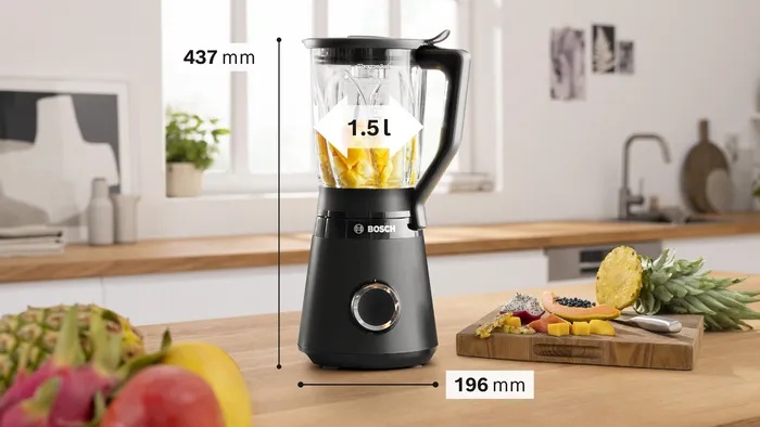 Bosch Series 4 Countertop Blender with Pusher , 4-Wing Stainless Steel Blade 1.5 Liter 1200 Watt Black - MMB6172B