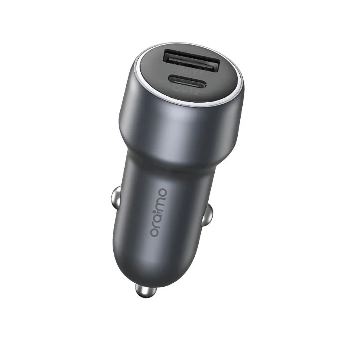 Oraimo Bullet Car Charger , 2 Ports , Dual Ports Type C and A , 48 Watt , 5 Volt , Dark Chrome - OCC-73D