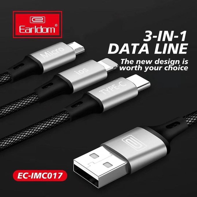 Earldom Triple Port 3 in 1 Multi Charging Cable 1.2 Meter Black - EC-IMC017