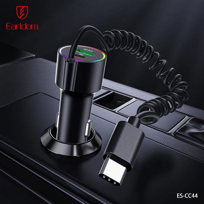 Earldom Car Charger with Cable Type C , 2 Ports , Dual Ports Type C and A , 83 Watt , Black - ES-CC44