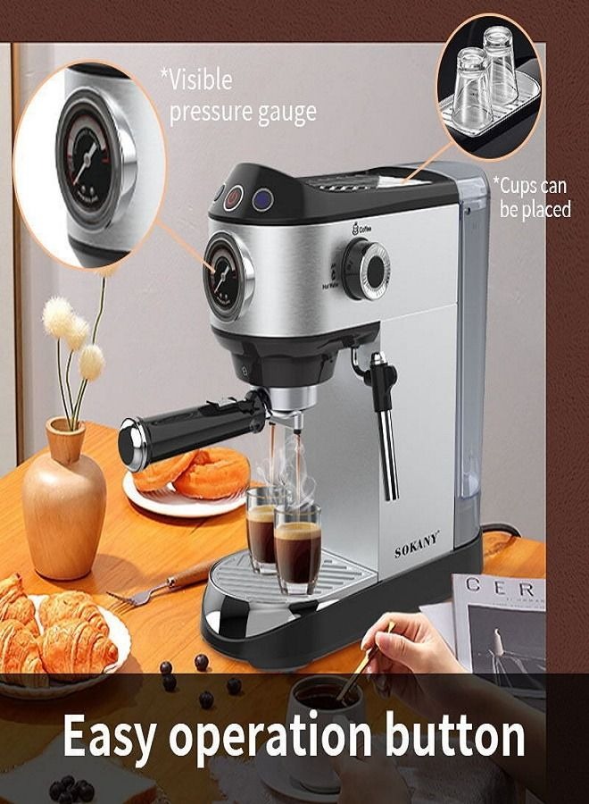 Sokany Espresso Machine , 1 Liter 2 Cups 1450 Watt , Silver Black - SK-696B
