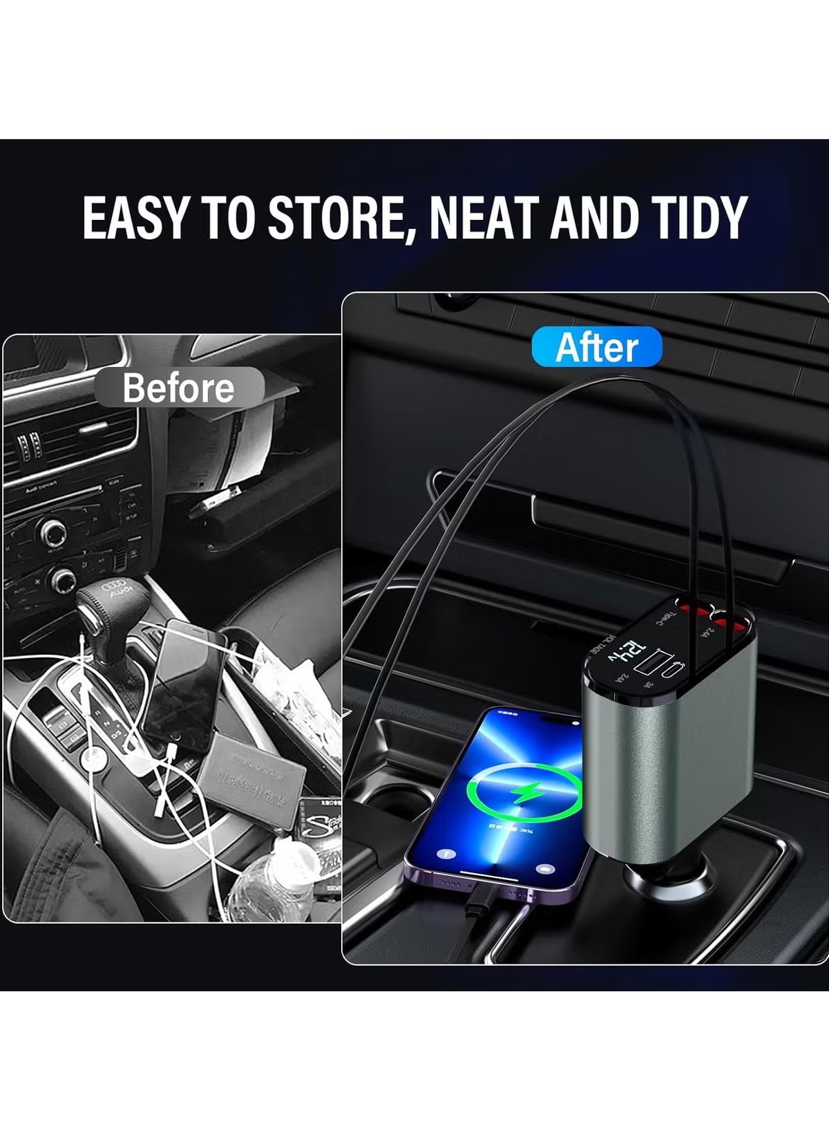 Generic Car Charger with Built-in Cables , 2 Ports , Dual Ports Type C and A , 120 Watt , 12 Volt , Black