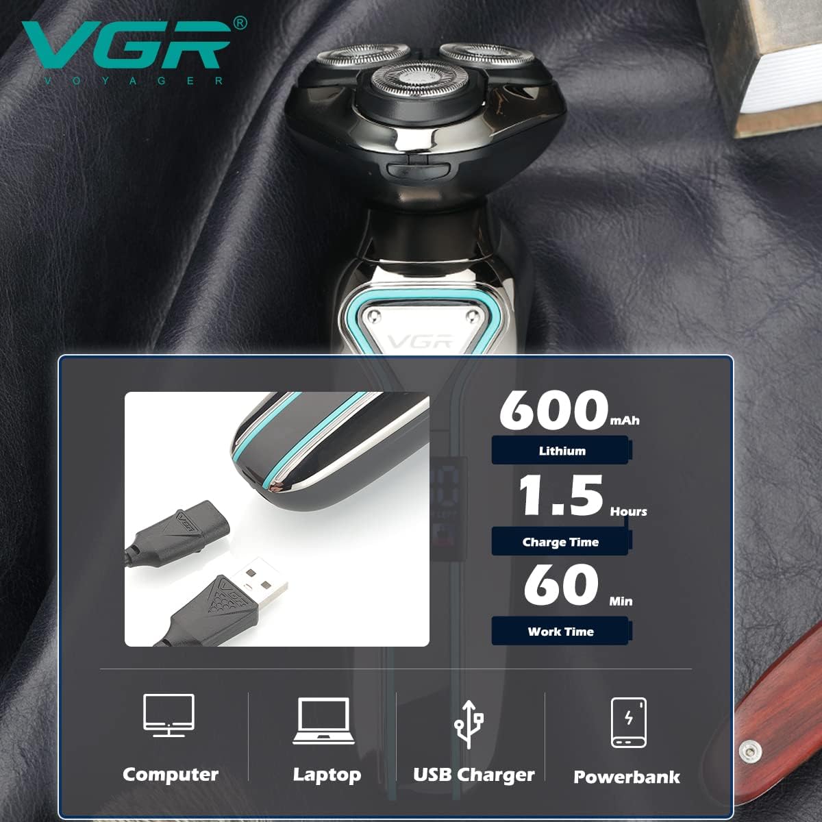 VGR Rechargeable Rotary Shaver , Wet and Dr Usage Silver - V-323