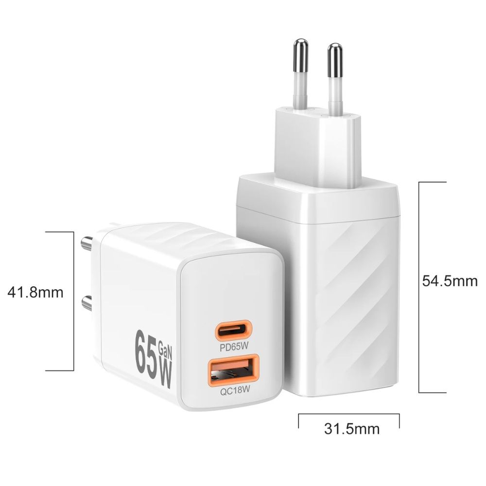 Nine Nexus Power Wall Charger , 2 Ports Dual Ports Type C and A , 65 Watt 100 Volt White